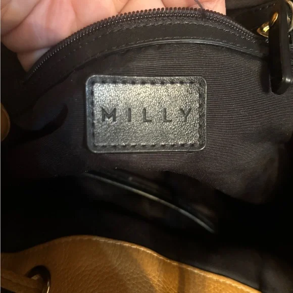 MILLY Astor Leather Drawstring Bucket Handbag Caramel Crossbody Shoulder Bag - Picture 7 of 11